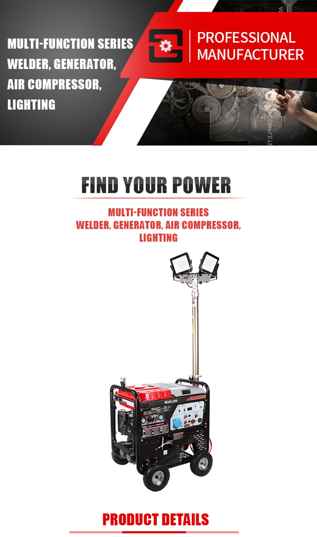 5kw 5kVA 4 in 1 Lighting Tower Portable Welding Generator 180 AMP Welder Welding Machine